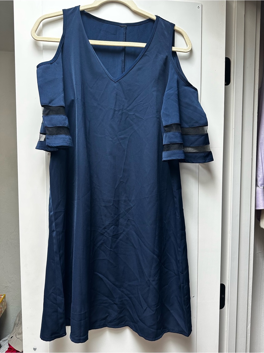 Navy Cold-Shoulder V-Neck Dress